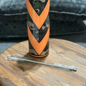 Camouflage and Orange Tumbler with Straw